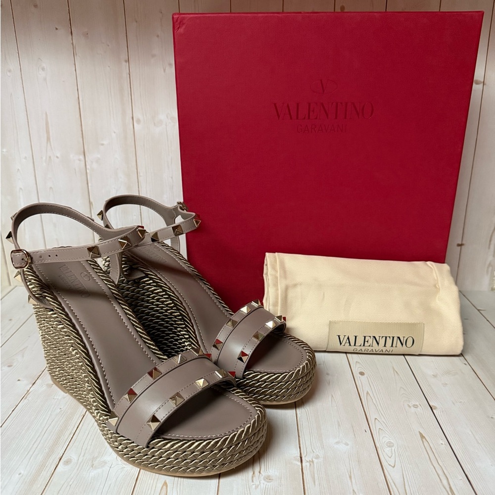 Valentino Garavani Rockstud Torchon Espadrille Wedge Taupe Sz 41 / 11 - Picture 2 of 15